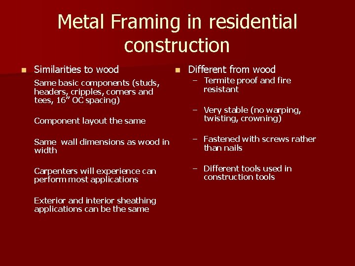 Metal Framing in residential construction n Similarities to wood Same basic components (studs, headers,