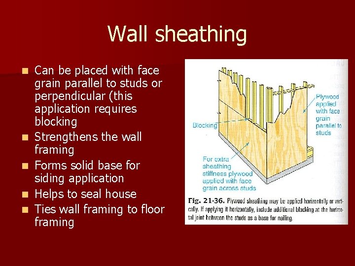 Wall sheathing n n n Can be placed with face grain parallel to studs