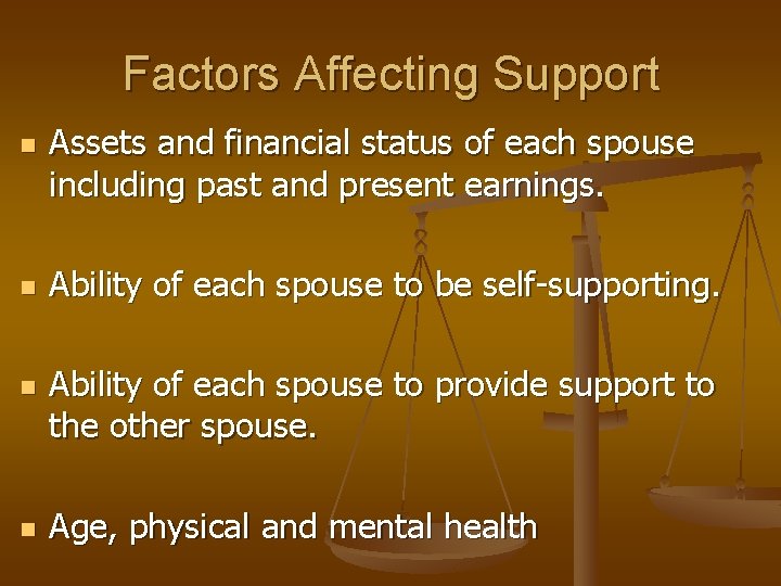 Factors Affecting Support n n Assets and financial status of each spouse including past