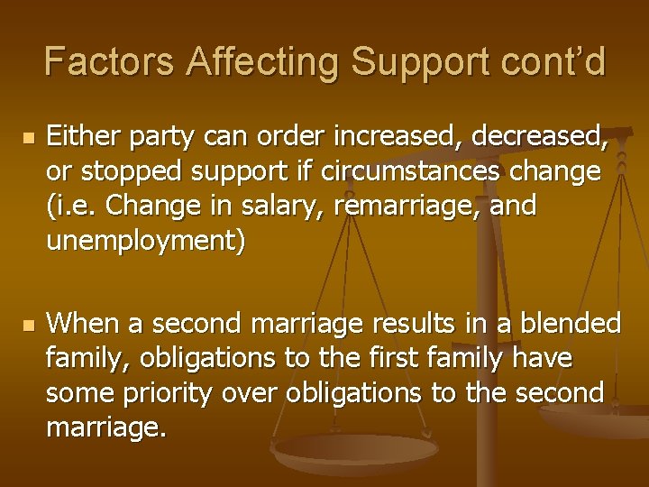 Factors Affecting Support cont’d n n Either party can order increased, decreased, or stopped