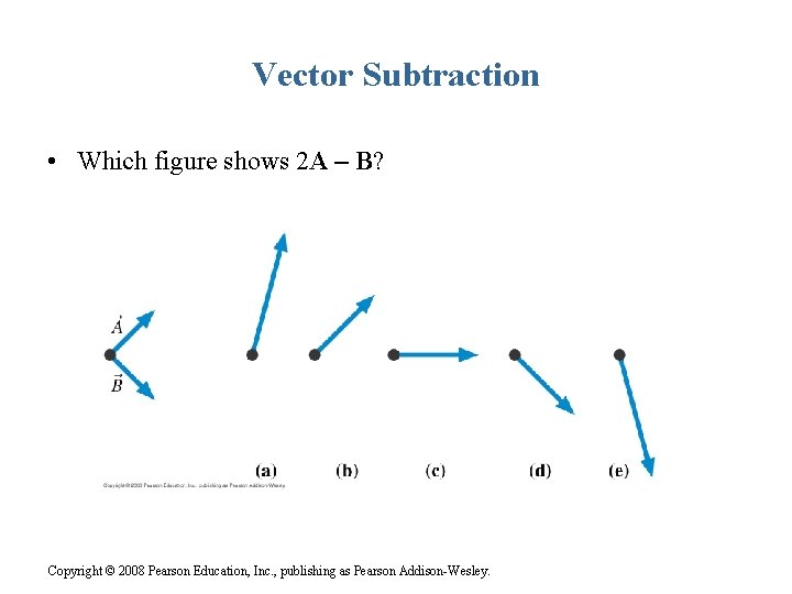 Vector Subtraction • Which figure shows 2 A – B? Copyright © 2008 Pearson