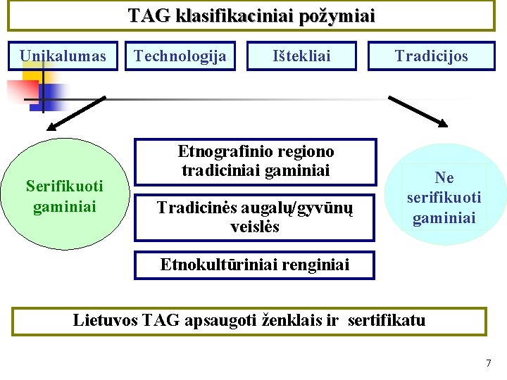 TAG klasifikaciniai požymiai Unikalumas Serifikuoti gaminiai Technologija Ištekliai Etnografinio regiono tradiciniai gaminiai Tradicinės augalų/gyvūnų