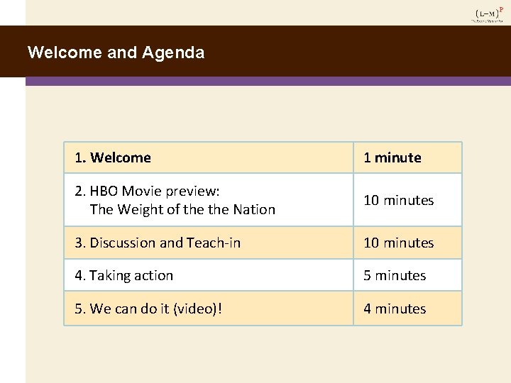 Welcome and Agenda 1. Welcome 1 minute 2. HBO Movie preview: The Weight of