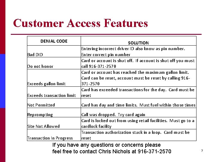 Customer Access Features DENIAL CODE Exceeds transaction limit SOLUTION Entering incorrect driver ID also