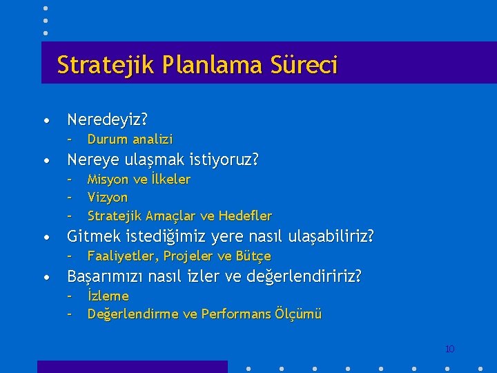 Stratejik Planlama Süreci • Neredeyiz? – Durum analizi • Nereye ulaşmak istiyoruz? – –