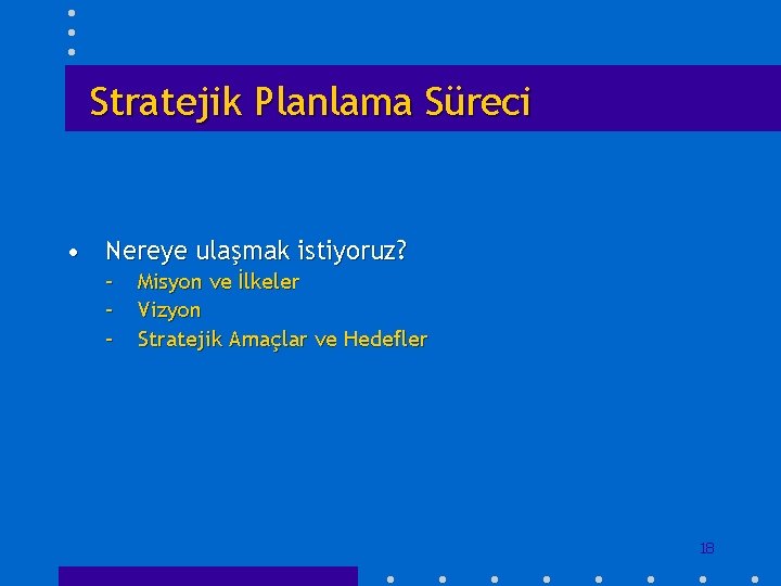 Stratejik Planlama Süreci • Neredeyiz? – Durum analizi • Nereye ulaşmak istiyoruz? – –