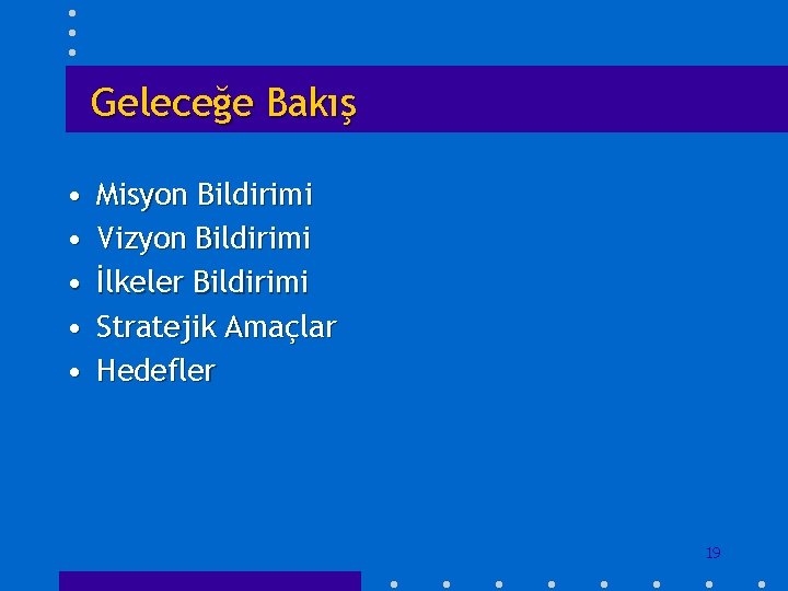 Geleceğe Bakış • • • Misyon Bildirimi Vizyon Bildirimi İlkeler Bildirimi Stratejik Amaçlar Hedefler
