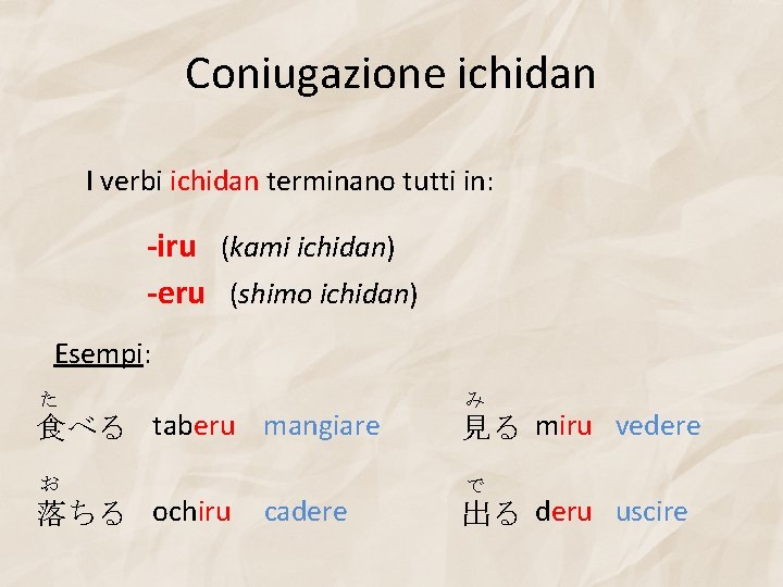 Coniugazione ichidan I verbi ichidan terminano tutti in: -iru (kami ichidan) -eru (shimo ichidan)