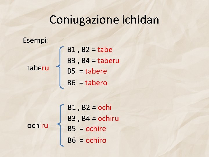 Coniugazione ichidan Esempi: taberu B 1 , B 2 = tabe B 3 ,
