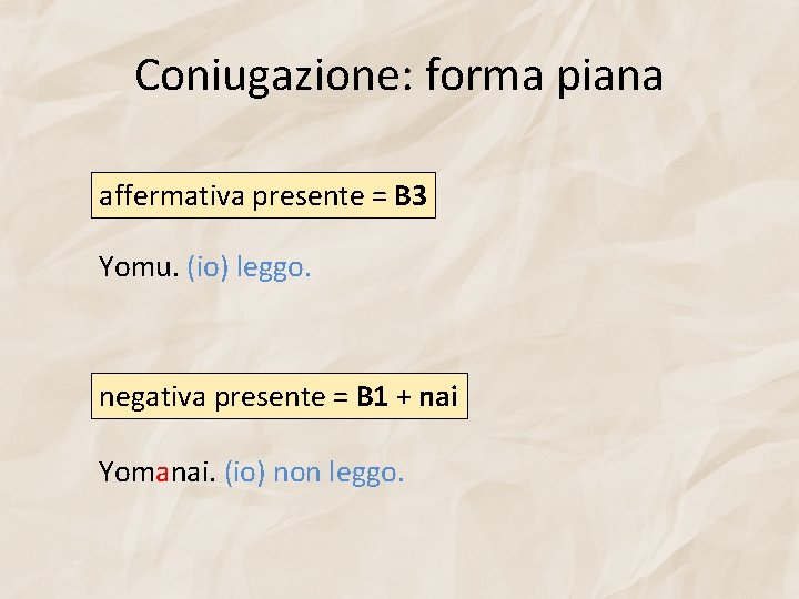Coniugazione: forma piana affermativa presente = B 3 Yomu. (io) leggo. negativa presente =