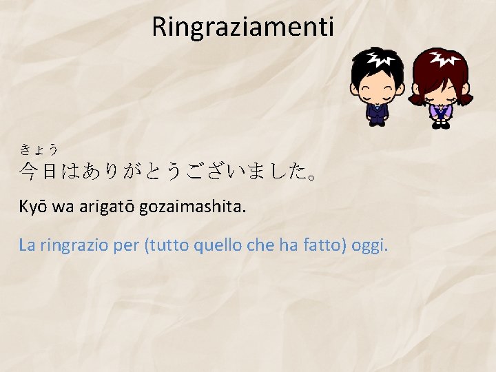 Ringraziamenti きょう 今日はありがとうございました。 Kyō wa arigatō gozaimashita. La ringrazio per (tutto quello che ha