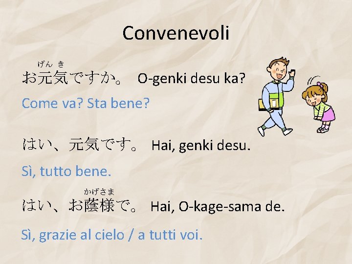 Convenevoli げん き お元気ですか。 O-genki desu ka? Come va? Sta bene? はい、元気です。 Hai, genki