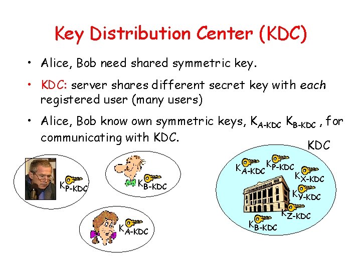 Key Distribution Center (KDC) • Alice, Bob need shared symmetric key. • KDC: server