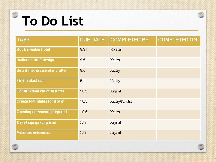 To Do List TASK DUE DATE COMPLETED BY Book speaker hotel 8. 31 Krystal To Do List TASK DUE DATE COMPLETED BY Book speaker hotel 8. 31 Krystal