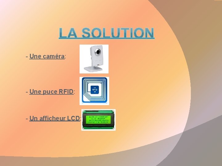 - Une caméra: - Une puce RFID: - Un afficheur LCD: 