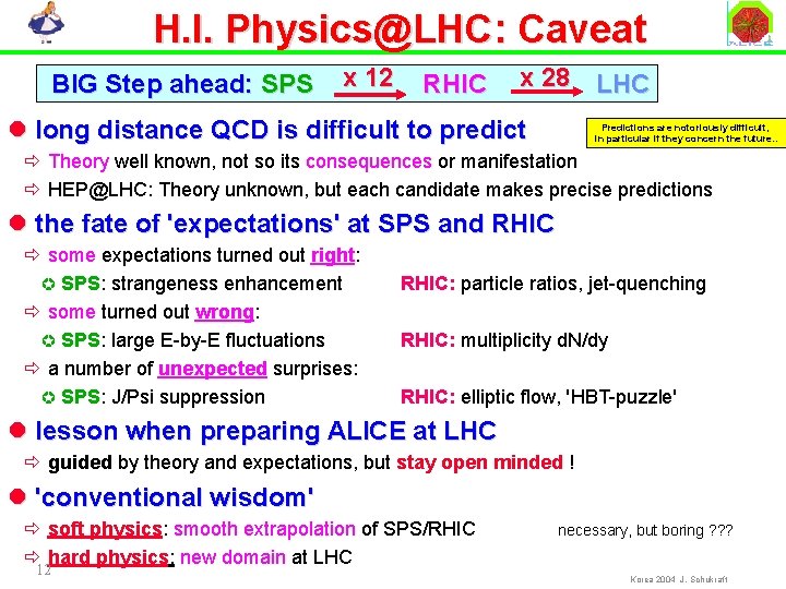 H. I. Physics@LHC: Caveat BIG Step ahead: SPS x 12 RHIC x 28 LHC