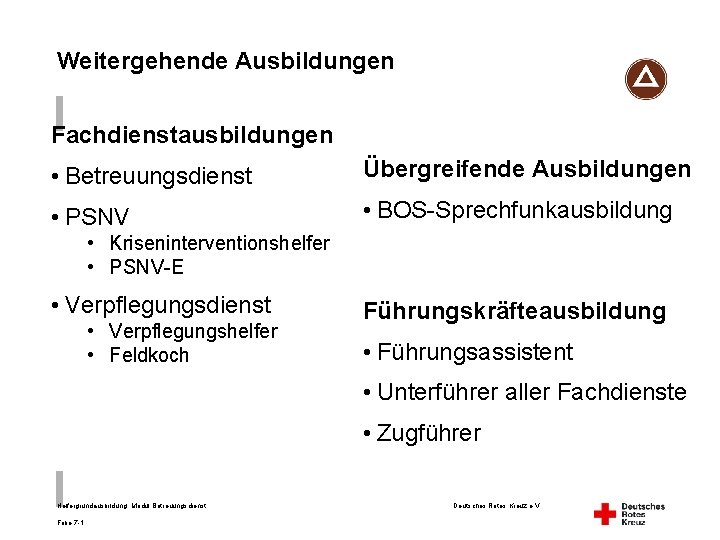 Weitergehende Ausbildungen Fachdienstausbildungen • Betreuungsdienst Übergreifende Ausbildungen • PSNV • BOS-Sprechfunkausbildung • Kriseninterventionshelfer •