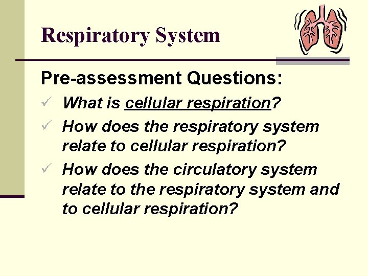 Respiratory System Pre-assessment Questions: ü What is cellular respiration? ü How does the respiratory