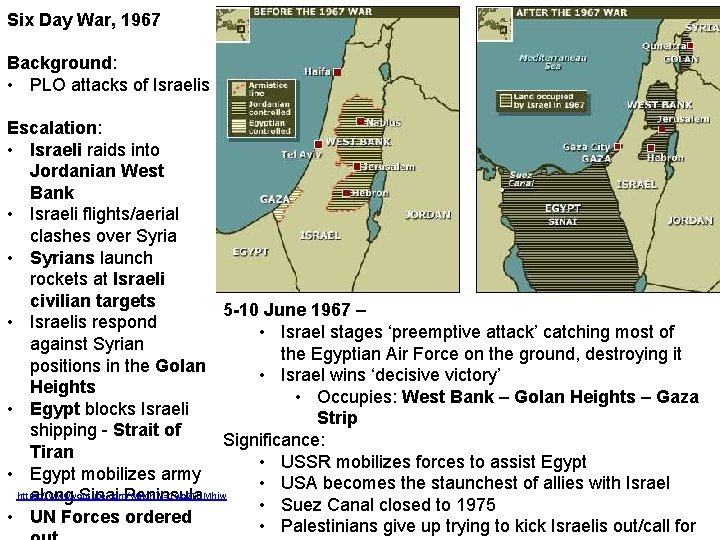 Six Day War, 1967 Background: • PLO attacks of Israelis Escalation: • Israeli raids