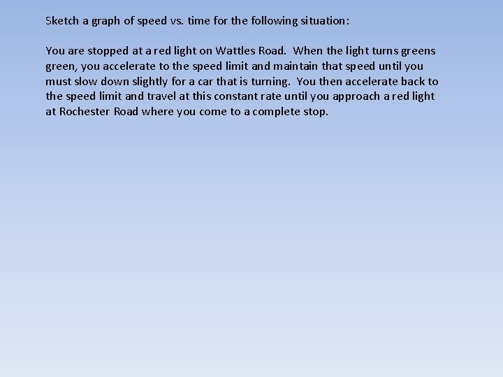 Sketch a graph of speed vs. time for the following situation: You are stopped