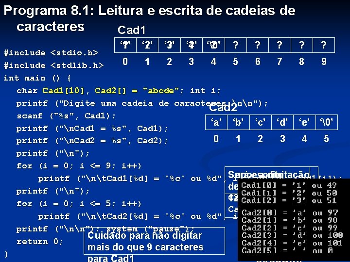 Programa 8. 1: Leitura e escrita de cadeias de caracteres Cad 1 ‘ 1’