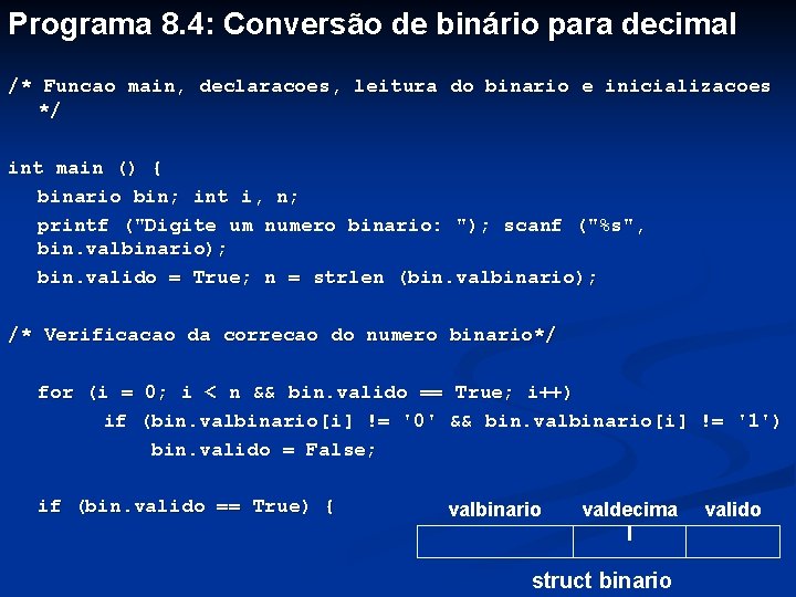 Programa 8. 4: Conversão de binário para decimal /* Funcao main, declaracoes, leitura do