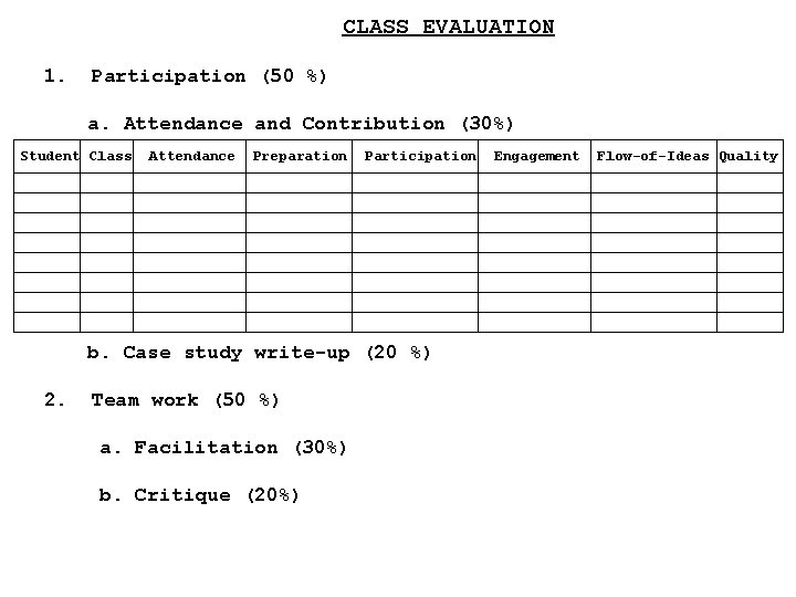 CLASS EVALUATION 1. Participation (50 %) a. Attendance and Contribution (30%) Student Class Attendance