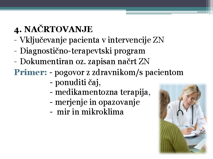 4. NAČRTOVANJE - Vključevanje pacienta v intervencije ZN - Diagnostično-terapevtski program - Dokumentiran oz.