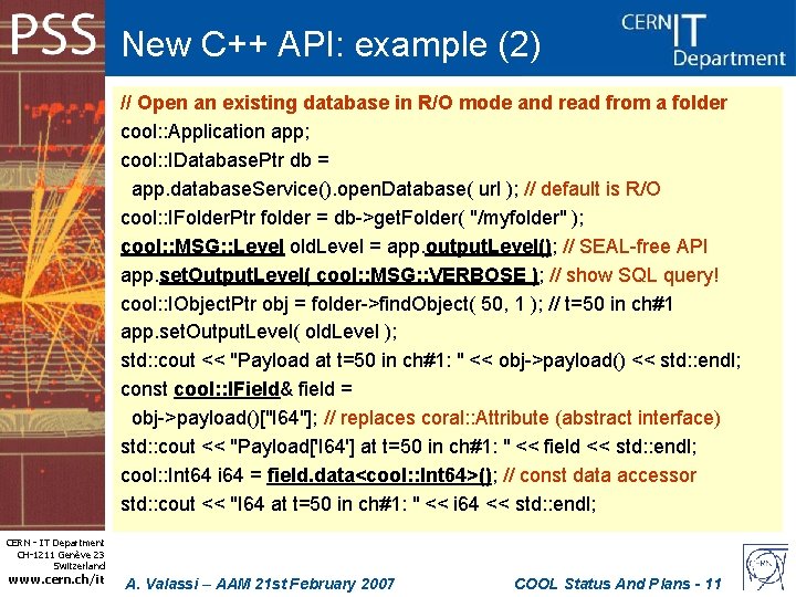 New C++ API: example (2) // Open an existing database in R/O mode and