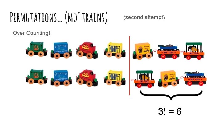 Permutations… (mo’ trains) (second attempt) Over Counting! 3! = 6 