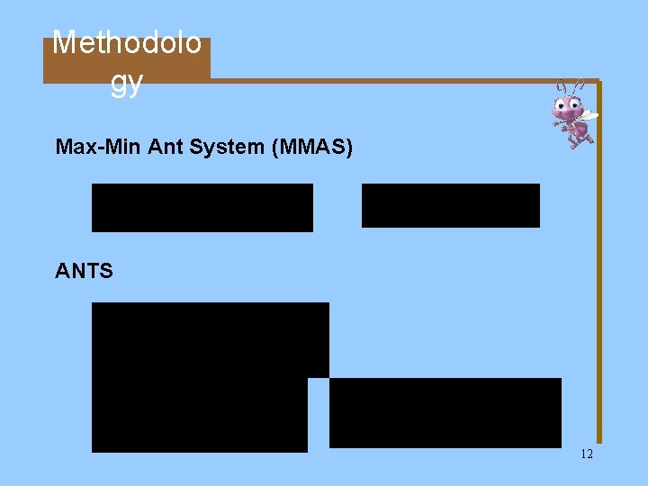 Methodolo gy Max-Min Ant System (MMAS) ANTS 12 