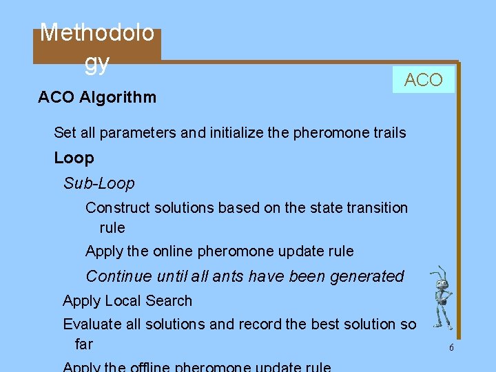 Methodolo gy ACO Algorithm ACO Set all parameters and initialize the pheromone trails Loop