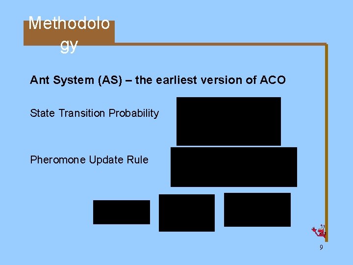 Methodolo gy Ant System (AS) – the earliest version of ACO State Transition Probability