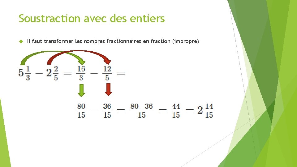 Soustraction avec des entiers Il faut transformer les nombres fractionnaires en fraction (impropre) 