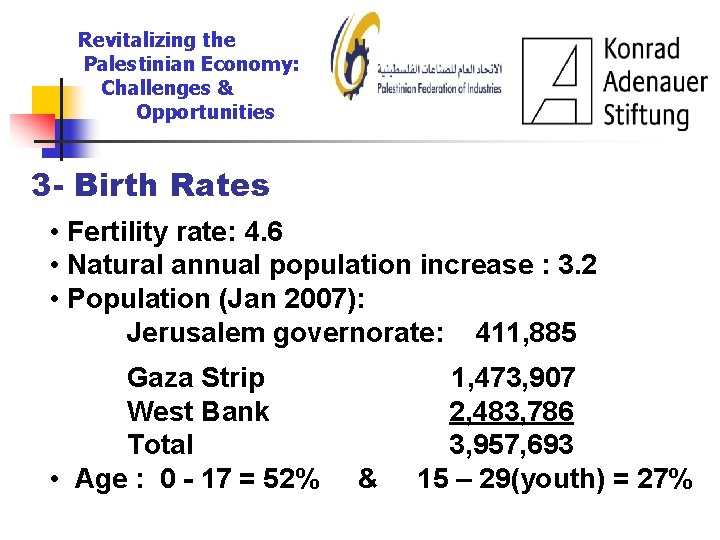 Revitalizing the Palestinian Economy: Challenges & Opportunities 3 - Birth Rates • Fertility rate: