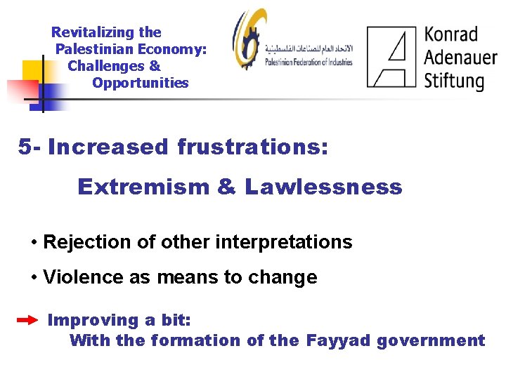 Revitalizing the Palestinian Economy: Challenges & Opportunities 5 - Increased frustrations: Extremism & Lawlessness