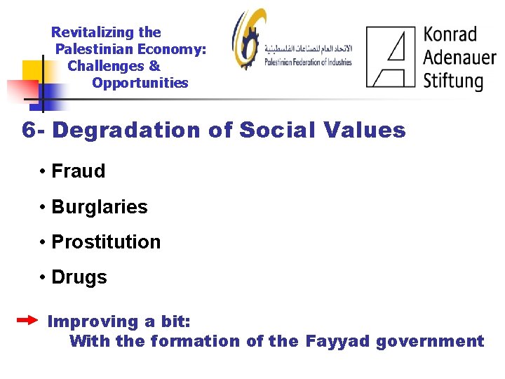 Revitalizing the Palestinian Economy: Challenges & Opportunities 6 - Degradation of Social Values •