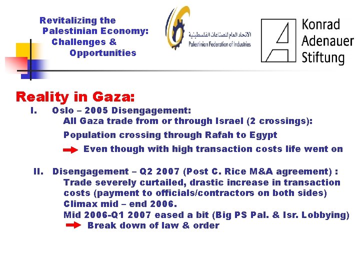 Revitalizing the Palestinian Economy: Challenges & Opportunities Reality in Gaza: I. Oslo – 2005