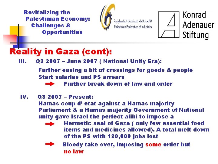 Revitalizing the Palestinian Economy: Challenges & Opportunities Reality in Gaza (cont): III. Q 2