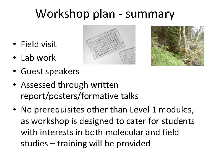 Workshop plan - summary Field visit Lab work Guest speakers Assessed through written report/posters/formative