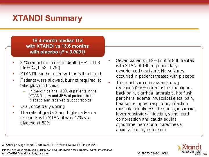XTANDI Summary 18. 4 -month median OS with XTANDI vs 13. 6 months with XTANDI Summary 18. 4 -month median OS with XTANDI vs 13. 6 months with