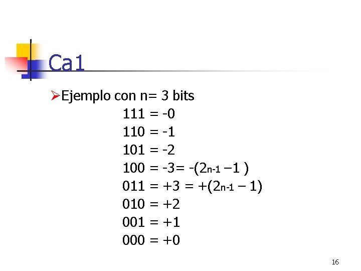 Ca 1 Ejemplo con n= 3 bits 111 = -0 110 = -1 101