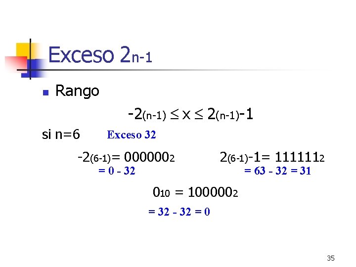 Exceso 2 n-1 Rango -2(n-1) x 2(n-1)-1 si n=6 Exceso 32 -2(6 -1)= 0000002