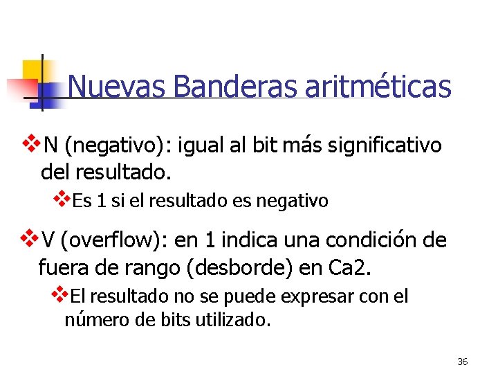 Nuevas Banderas aritméticas N (negativo): igual al bit más significativo del resultado. Es 1