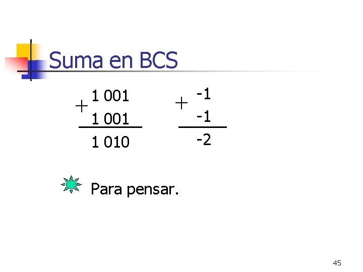 Suma en BCS 1 001 1 010 -1 -1 -2 Para pensar. 45 