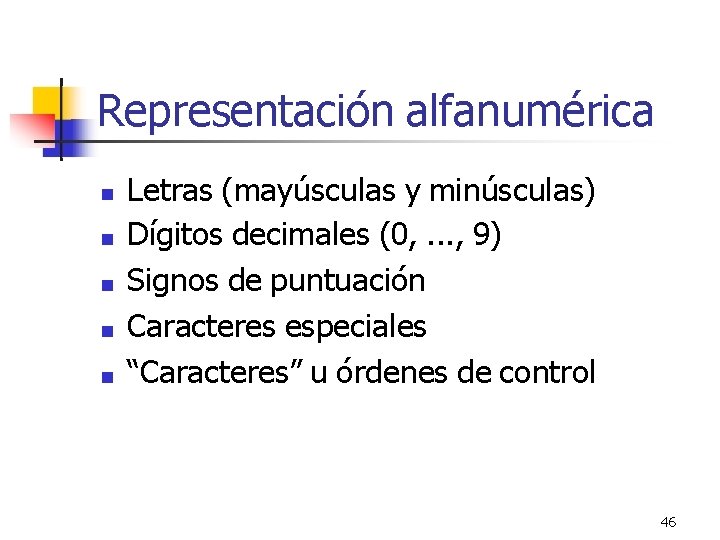 Representación alfanumérica Letras (mayúsculas y minúsculas) Dígitos decimales (0, . . . , 9)