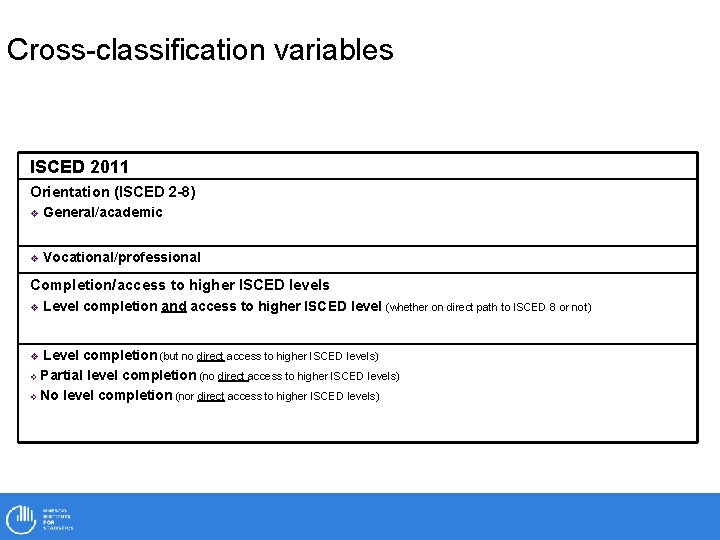 Cross-classification variables ISCED 2011 Orientation (ISCED 2 -8) v General/academic v Vocational/professional Completion/access to