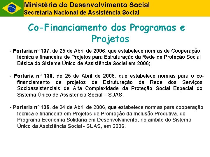 Ministério do Desenvolvimento Social Secretaria Nacional de Assistência Social Co-Financiamento dos Programas e Projetos