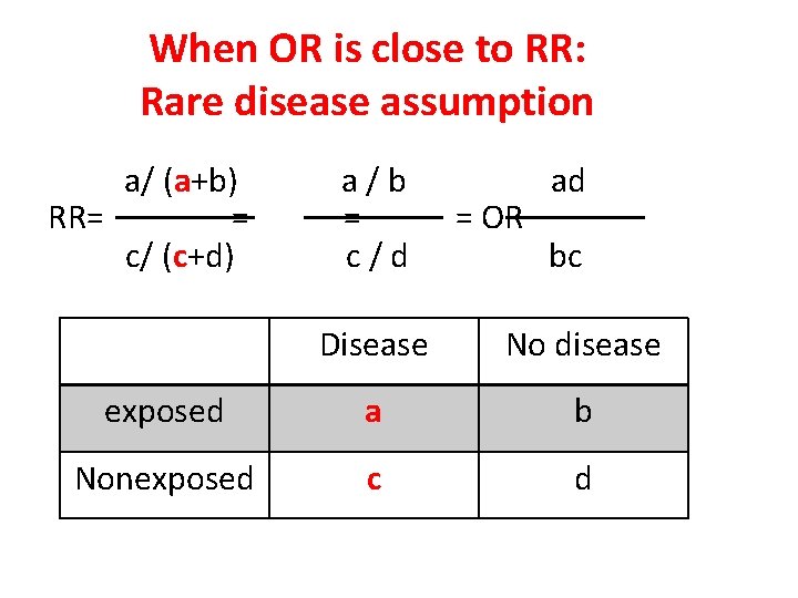 When OR is close to RR: Rare disease assumption a/ (a+b) RR= = c/