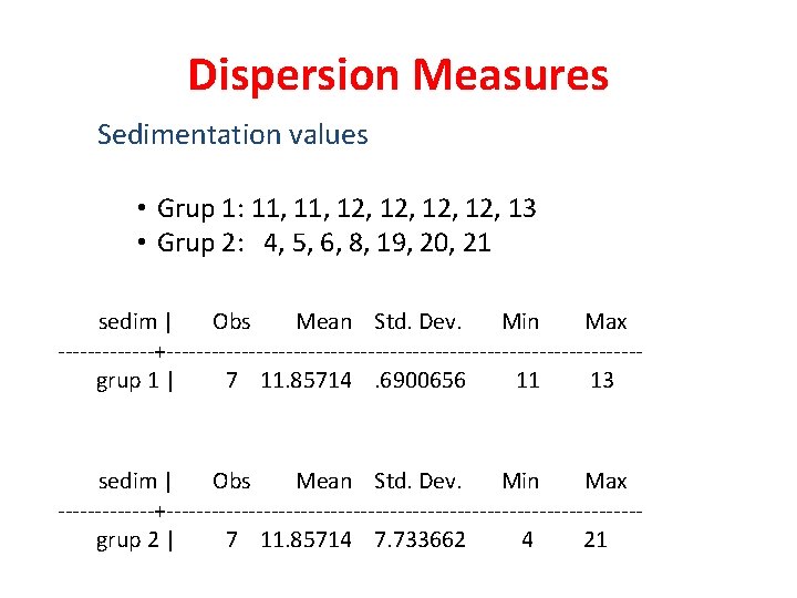 Dispersion Measures Sedimentation values • Grup 1: 11, 12, 12, 13 • Grup 2: